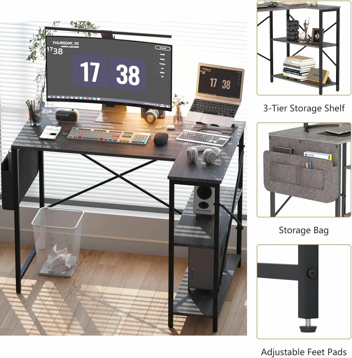 L Shaped Gaming Desk Computer with Storage Bag - Image 4
