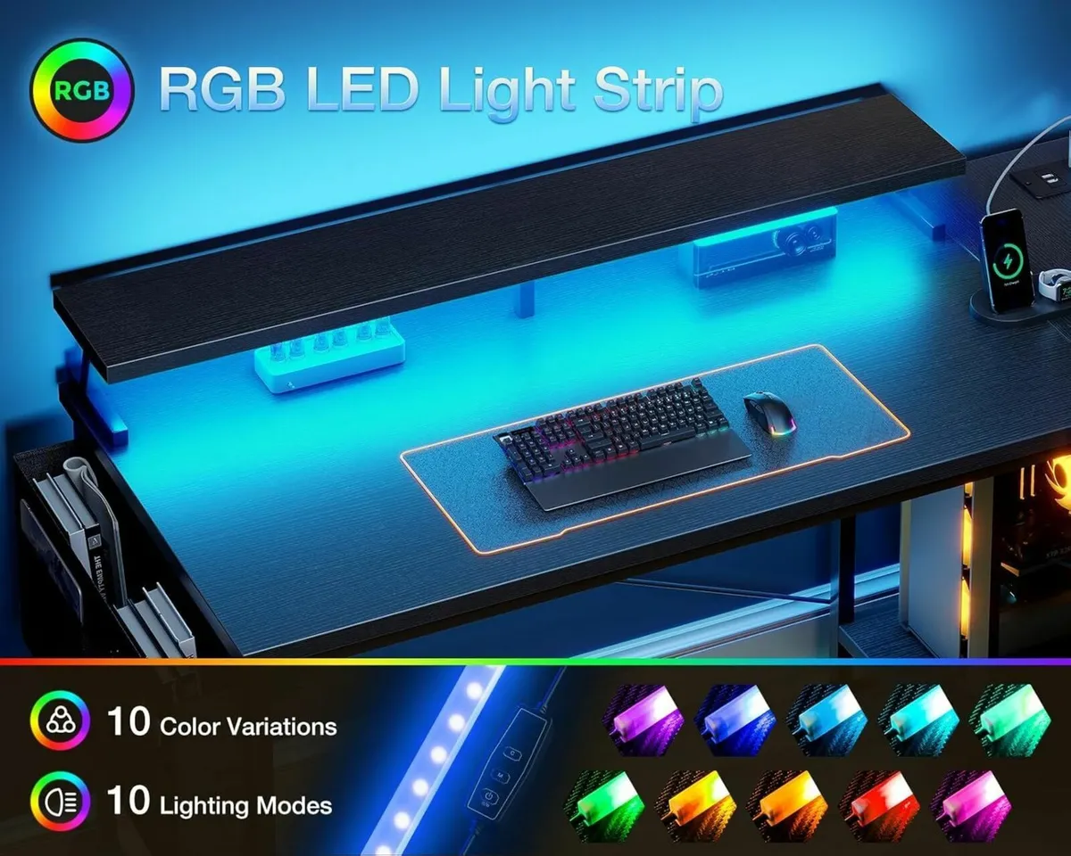 L Shaped Gaming Desk with LED Lights Power - Image 4