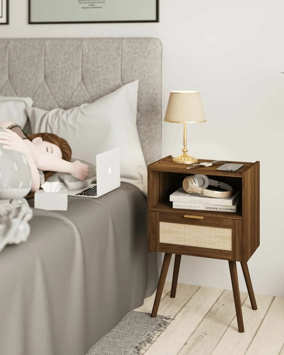 Rattan Nightstand Farmhouse Bedside Table with - Image 3