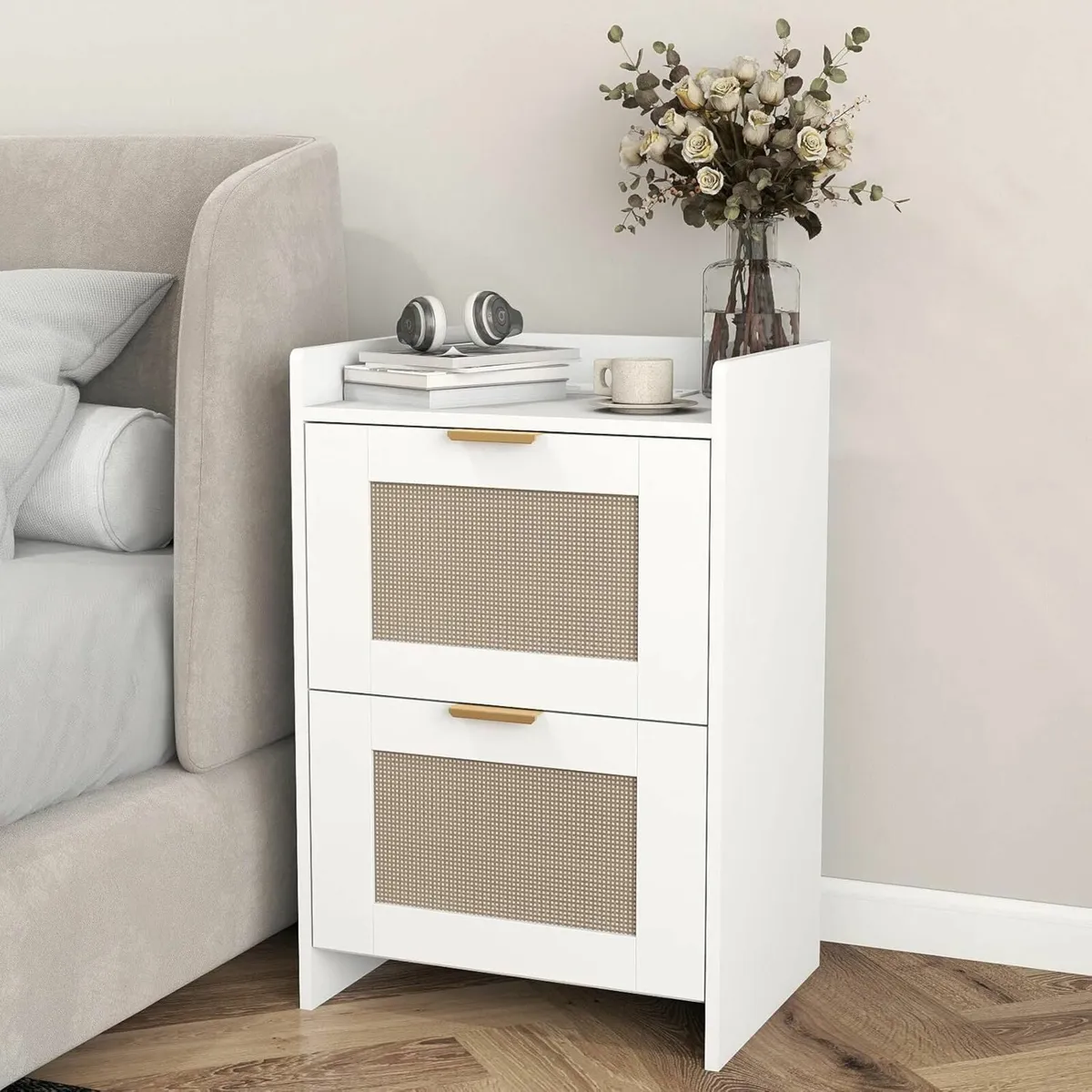 Bedside Table with Charging Station Rattan - Image 1