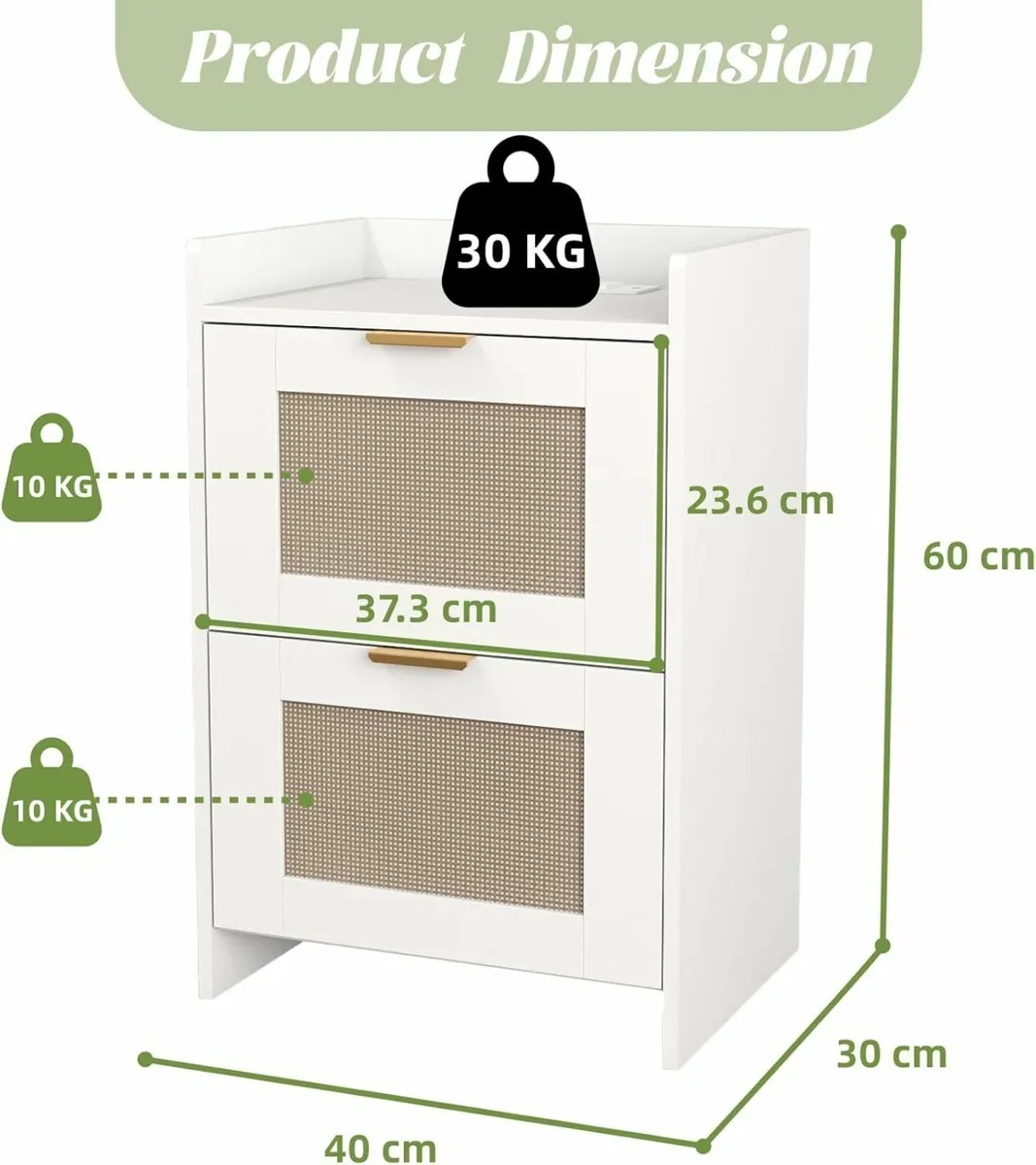 Bedside Table with Charging Station Rattan - Image 2