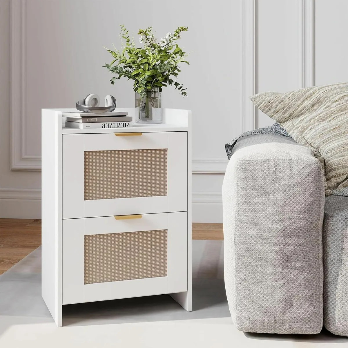 Bedside Table with Charging Station Rattan - Image 3