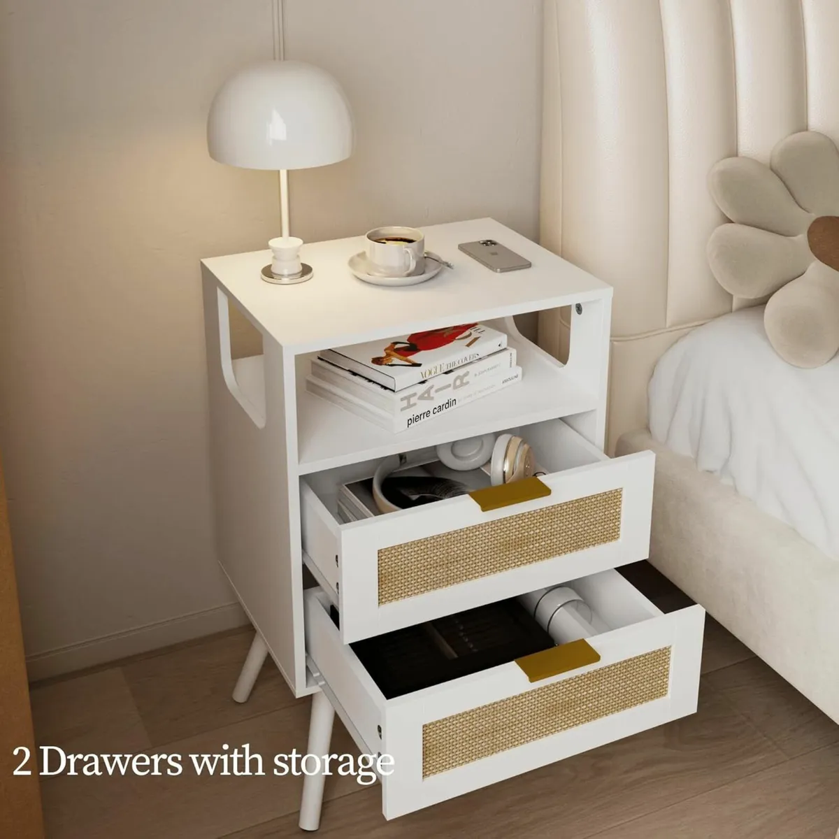 Rattan Bedside Table Farmhouse Nightstand with 2 - Image 3