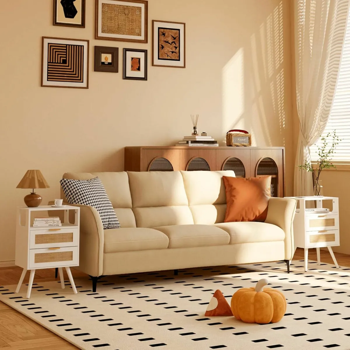 Rattan Bedside Table Farmhouse Nightstand with 2 - Image 4