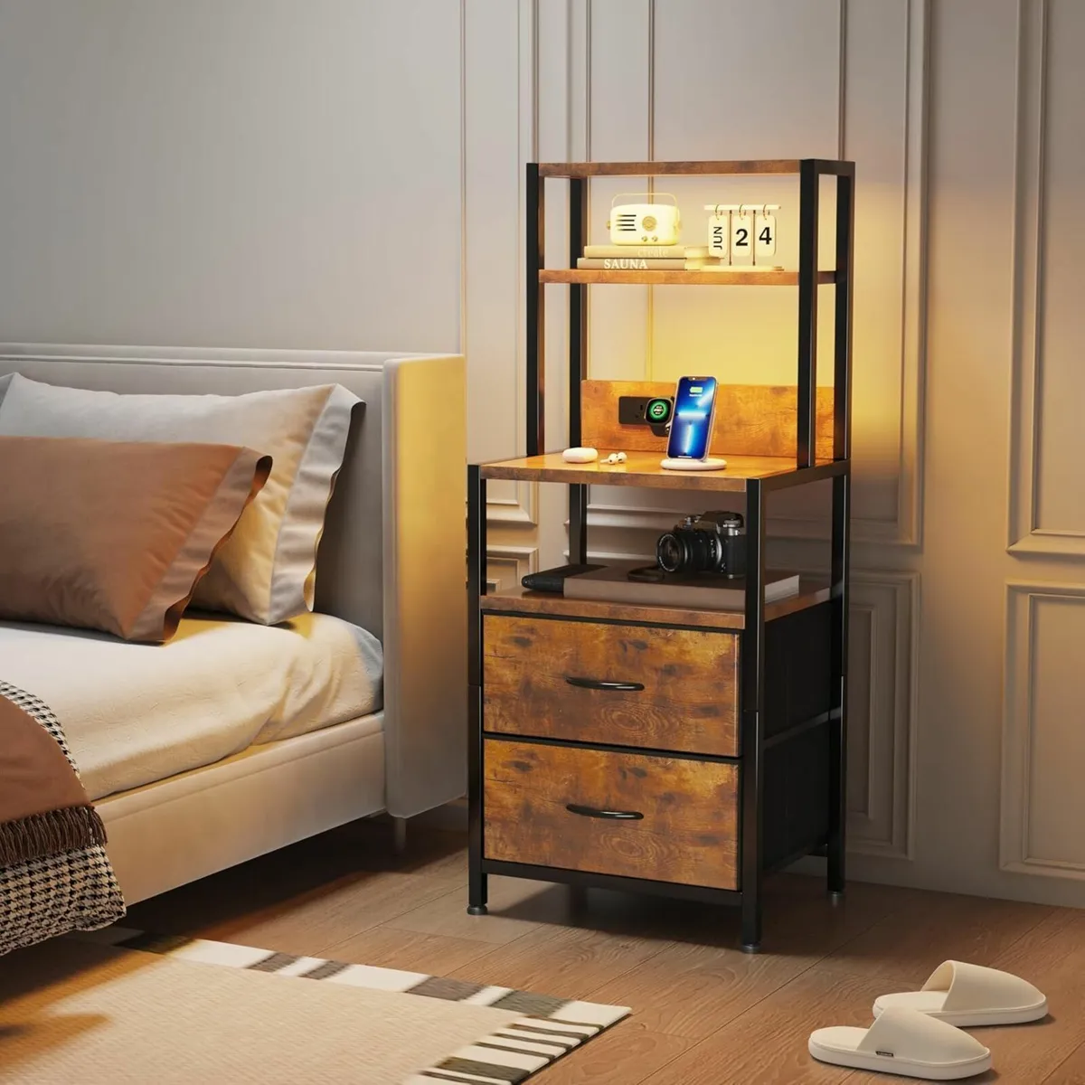 Bedside Table with Charging Station and LED Light - Image 1