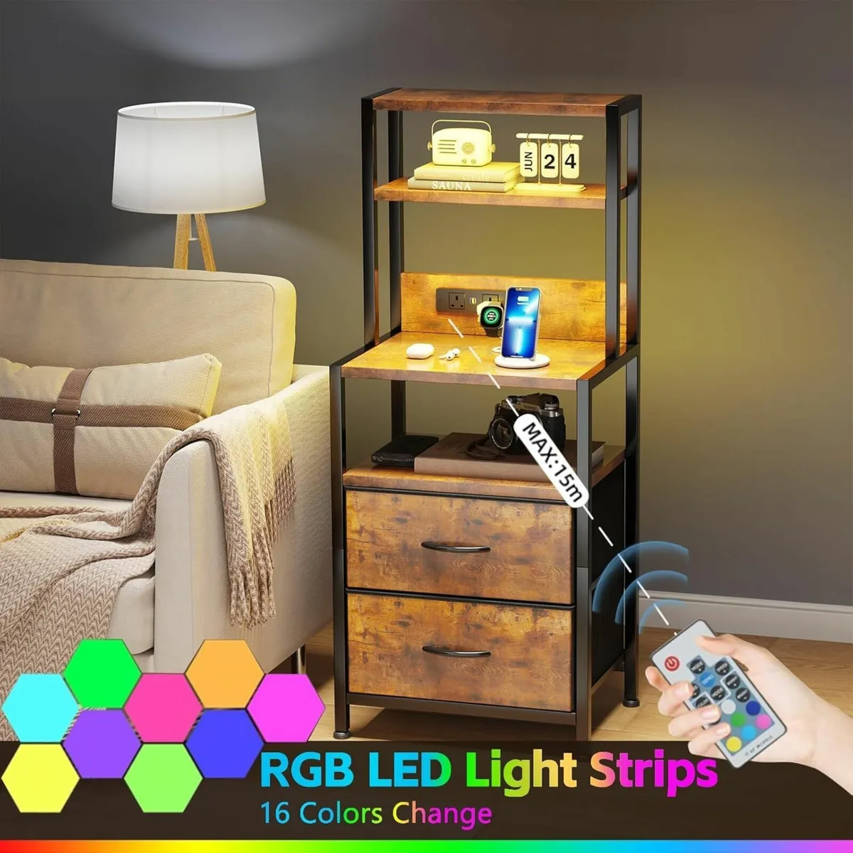 Bedside Table with Charging Station and LED Light - Image 4