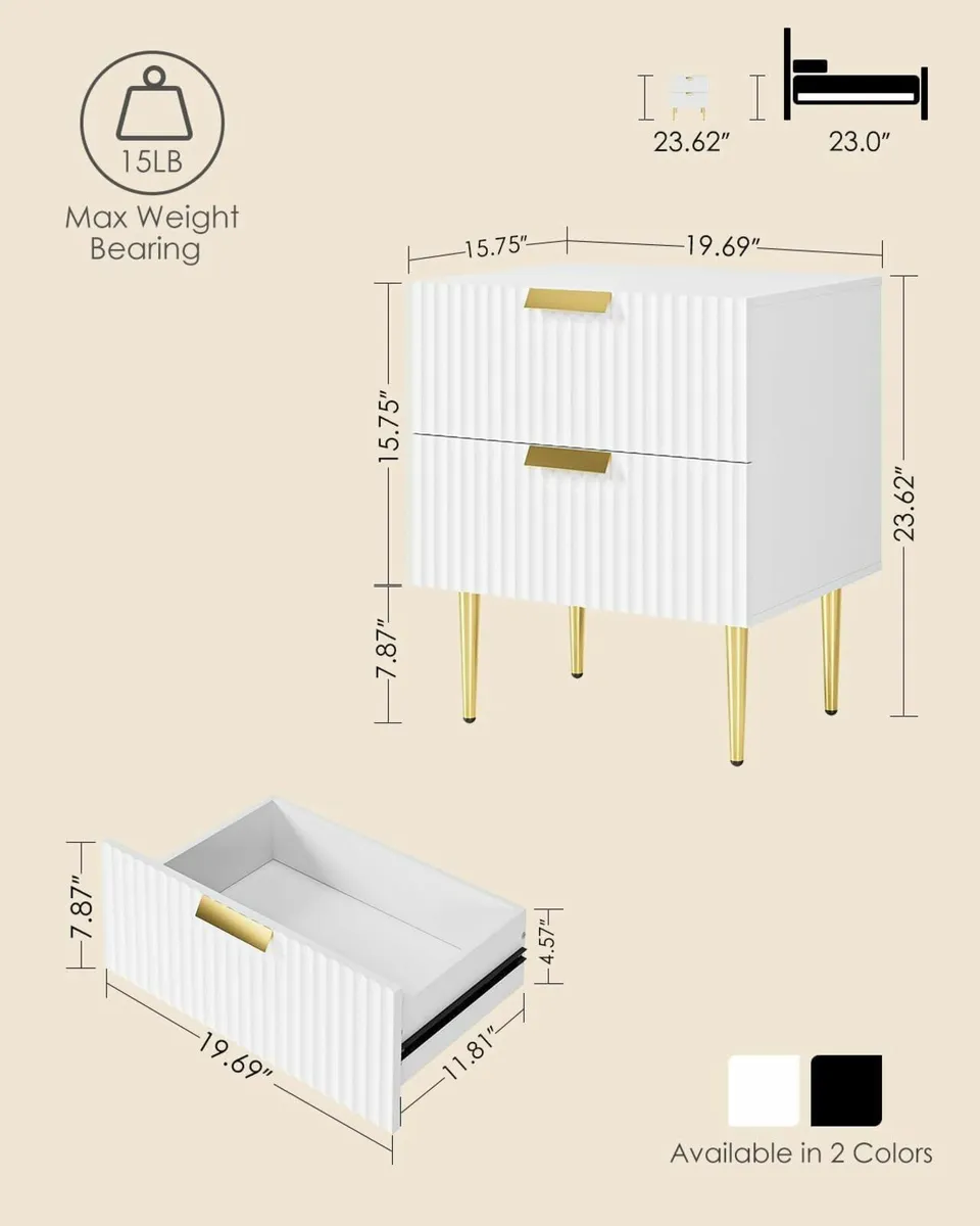 White Bedside Table Nightstand with 2 Drawers - Image 2