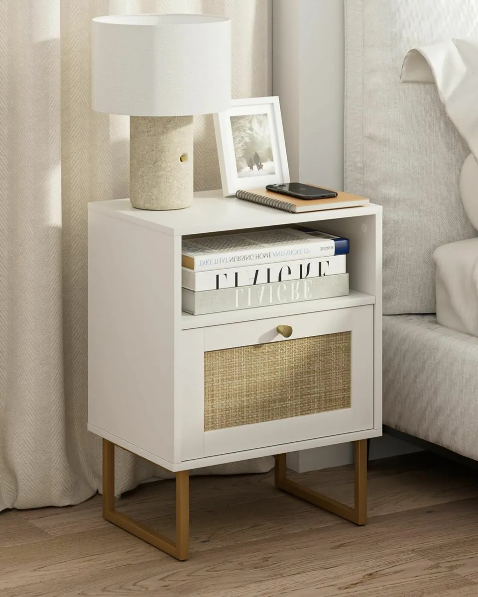 Rattan Bedside Table Modern Boho Farmhouse Wood - Image 1