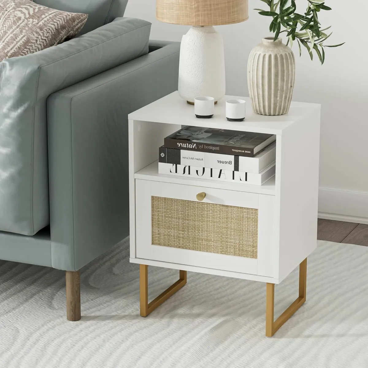 Rattan Bedside Table Modern Boho Farmhouse Wood - Image 3