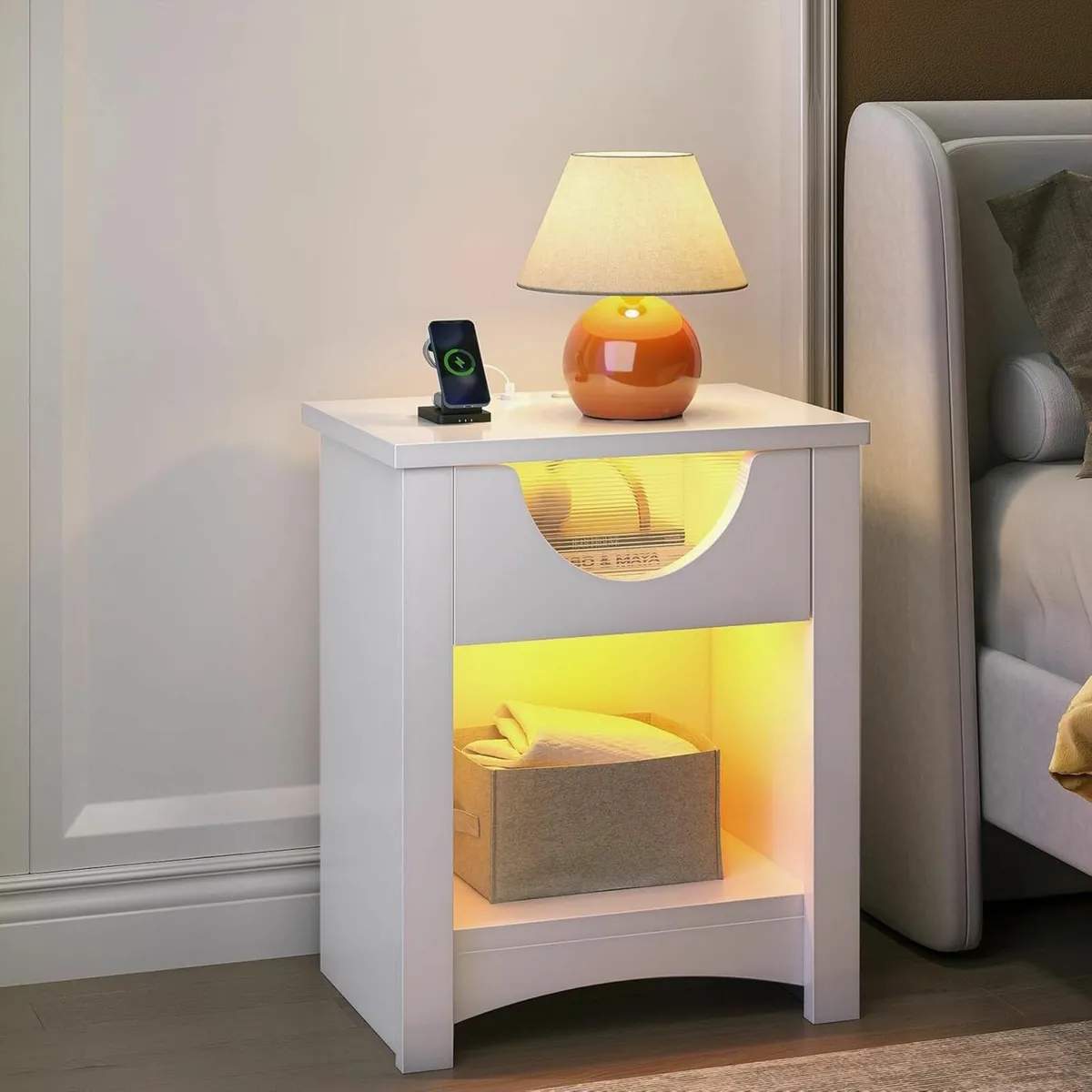 White Slim Bedside Table with USB Port and Type-C - Image 1