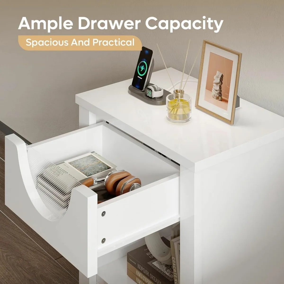 White Slim Bedside Table with USB Port and Type-C - Image 4