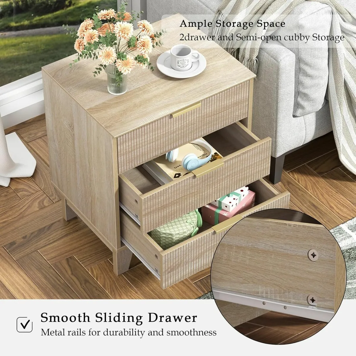 Bedside Table with 3 Drawers Wood Nigntstand for - Image 3