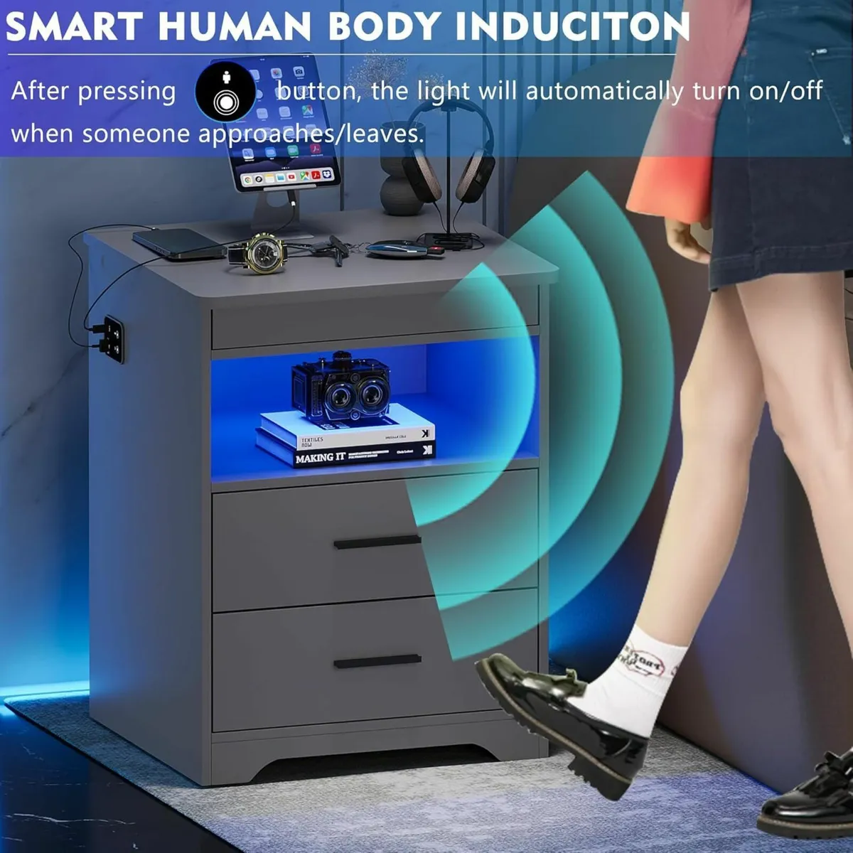 Smart Bedside Table with Charging Station and LED - Image 3