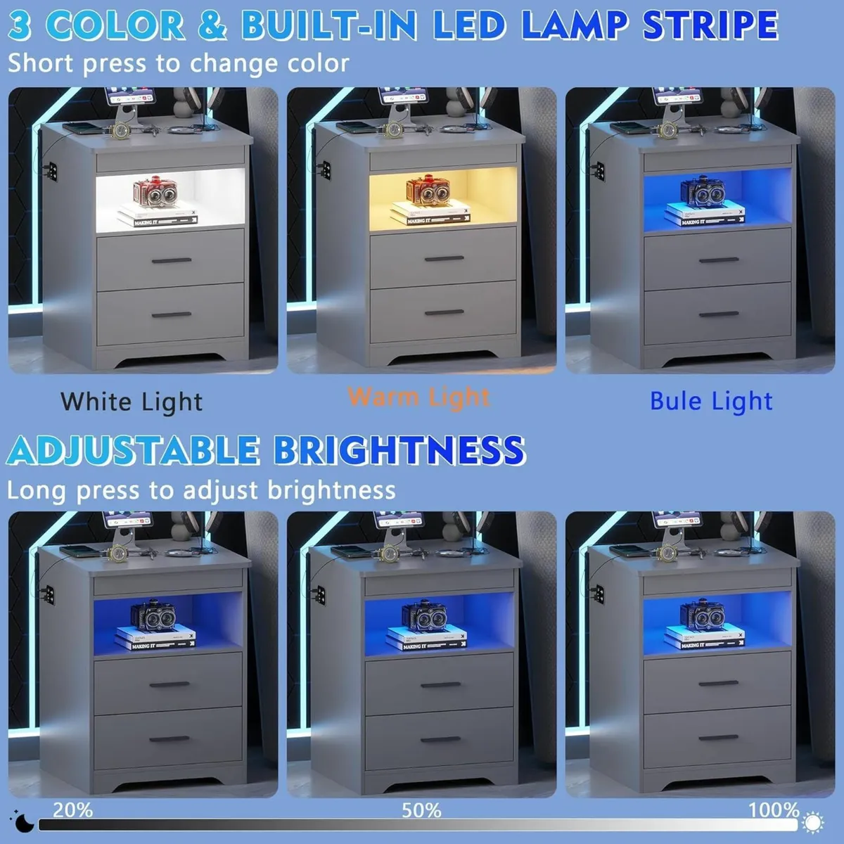 Smart Bedside Table with Charging Station and LED - Image 4