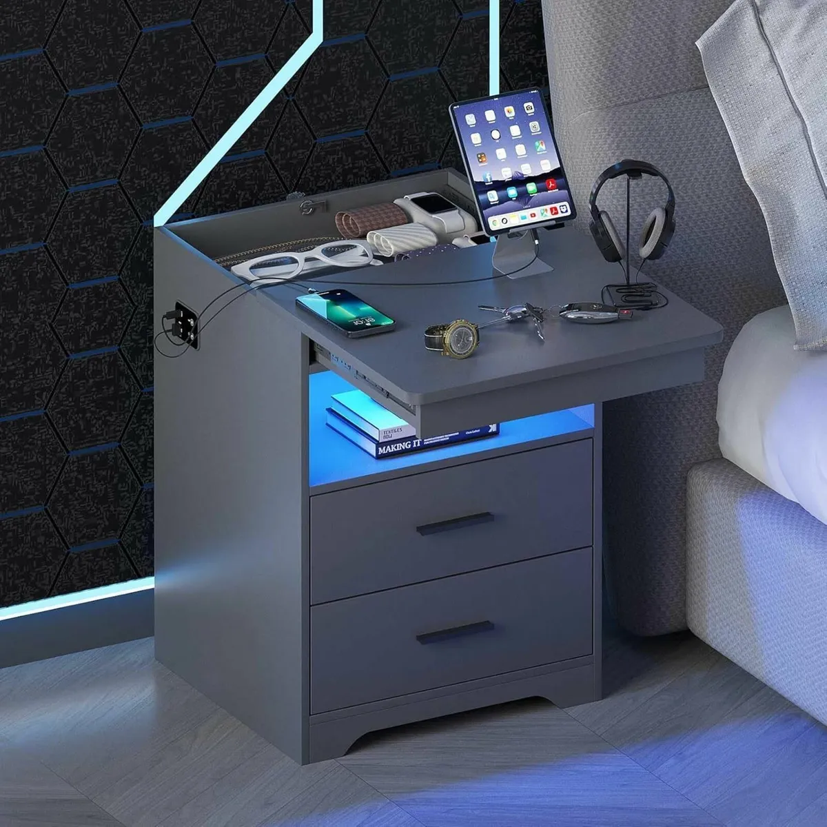 Smart Bedside Table with Charging Station and LED - Image 1
