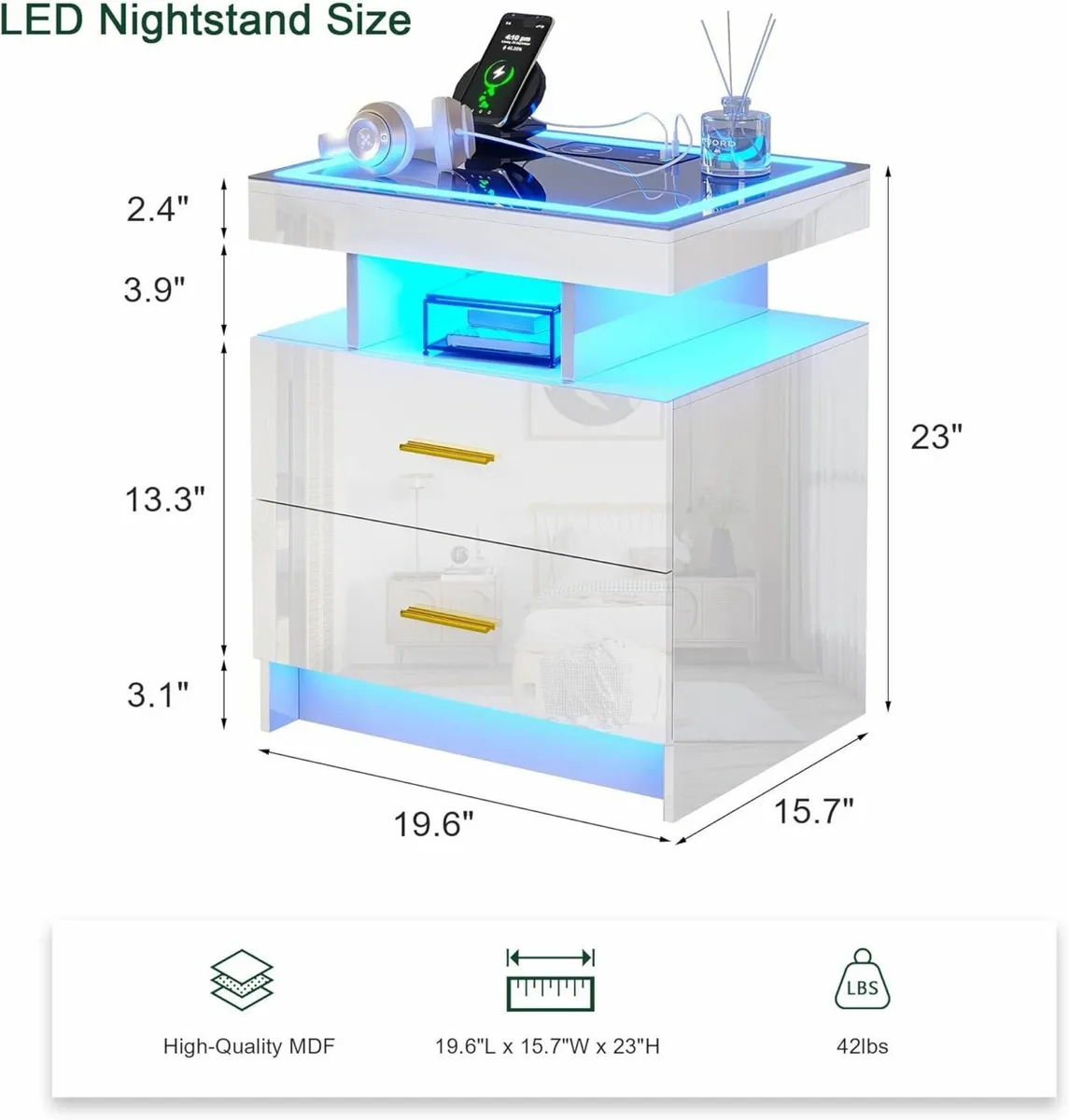LED Bedside Table with Charging Station High - Image 2
