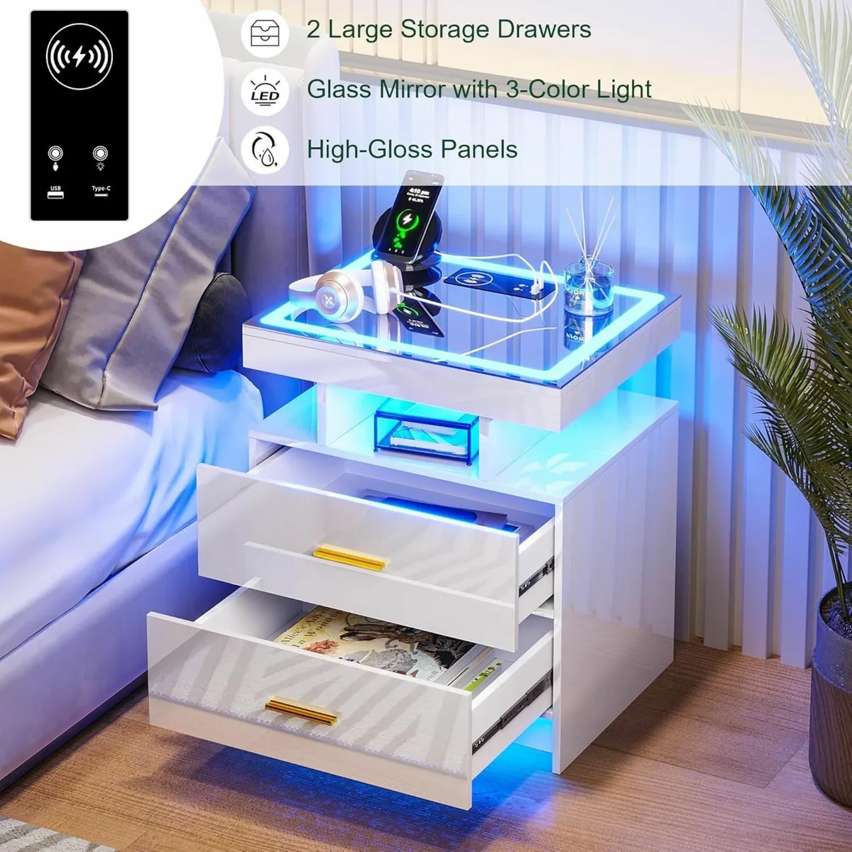 LED Bedside Table with Charging Station High - Image 4