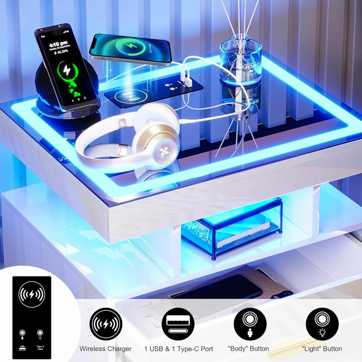 LED Bedside Table with Charging Station High - Image 3