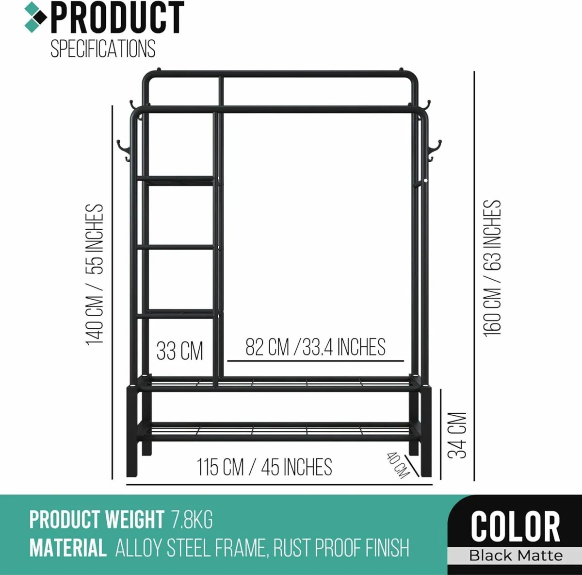 Heavy Duty Clothes Rail 120KG Black Metal Rack - Image 3