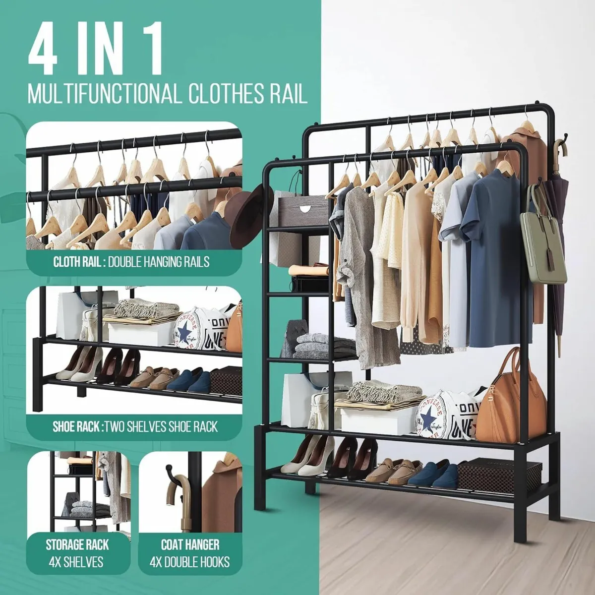 Heavy Duty Clothes Rail 120KG Black Metal Rack - Image 4