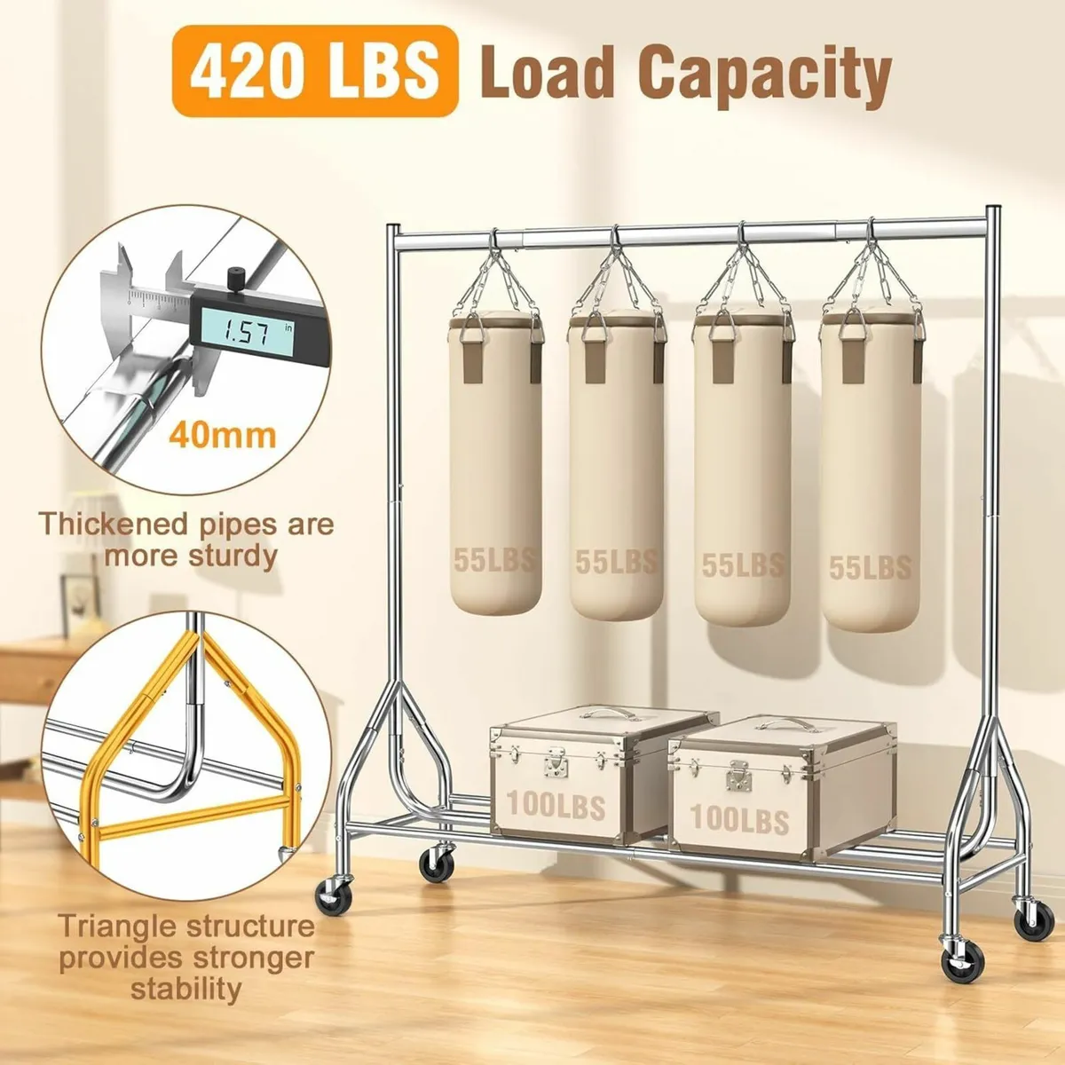 Heavy Duty Clothes Rail Load 180 KG Rolling - Image 4