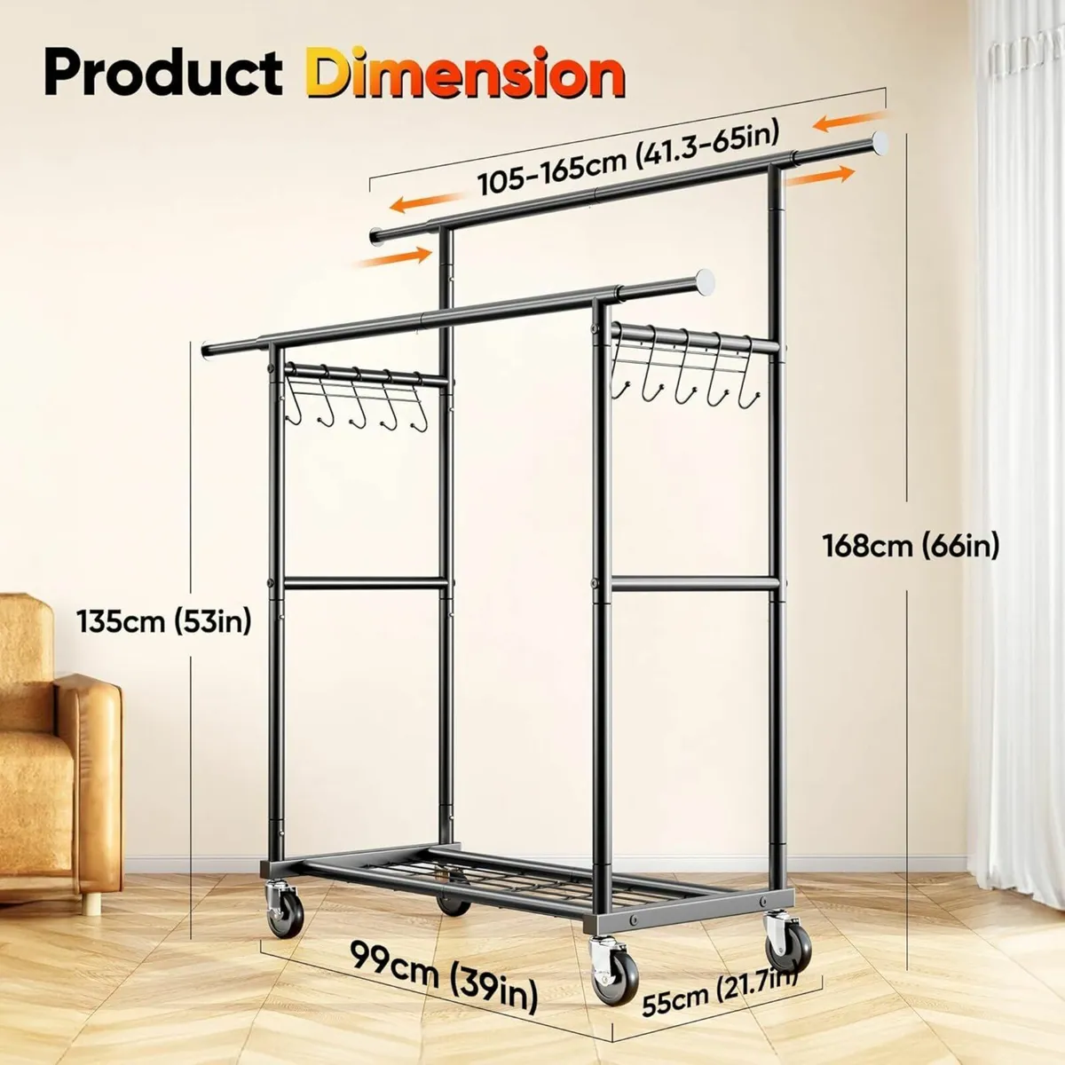 Double Rod Clothes Rail Heavy Duty 204kg (450lbs) - Image 2