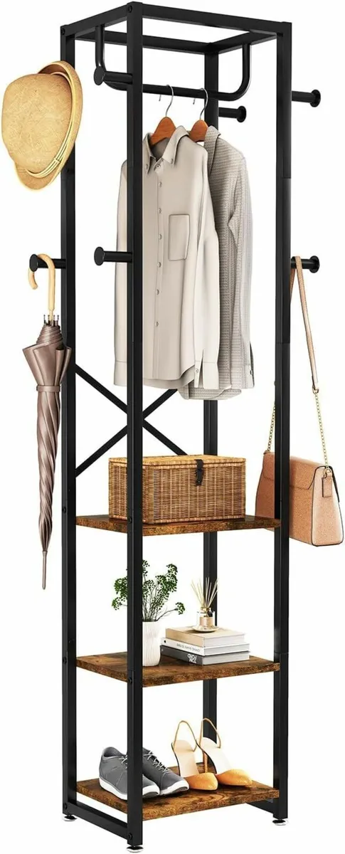 Coat Rack Freestanding Stand with 3 Shelves and 8 - Image 1