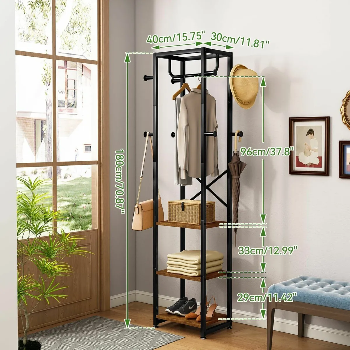 Coat Rack Freestanding Stand with 3 Shelves and 8 - Image 3