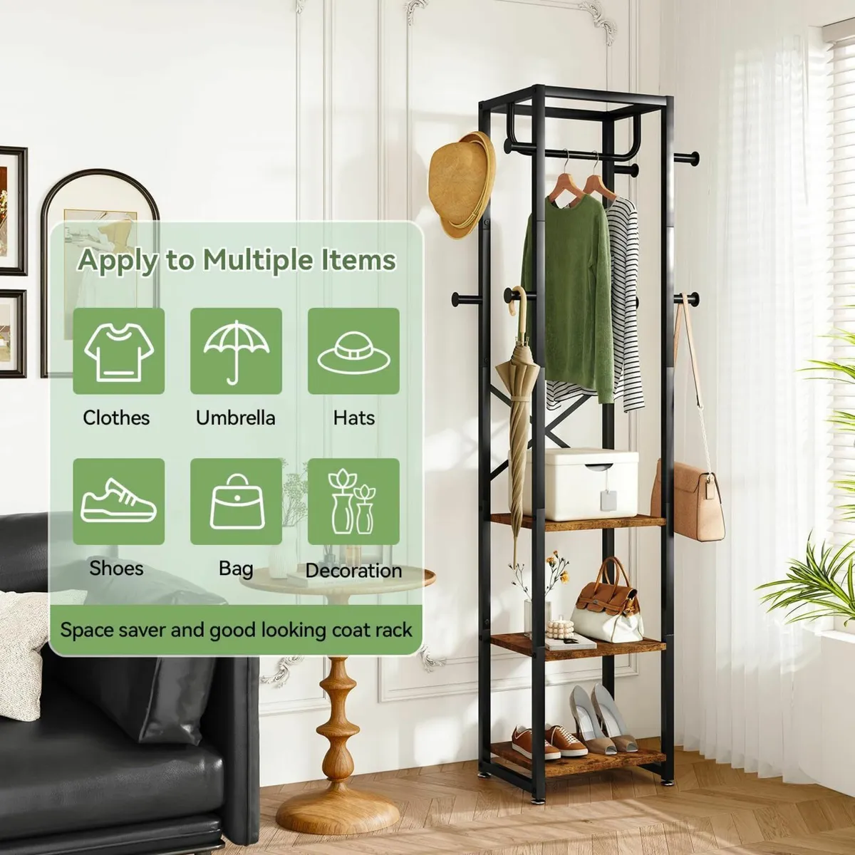 Coat Rack Freestanding Stand with 3 Shelves and 8 - Image 4
