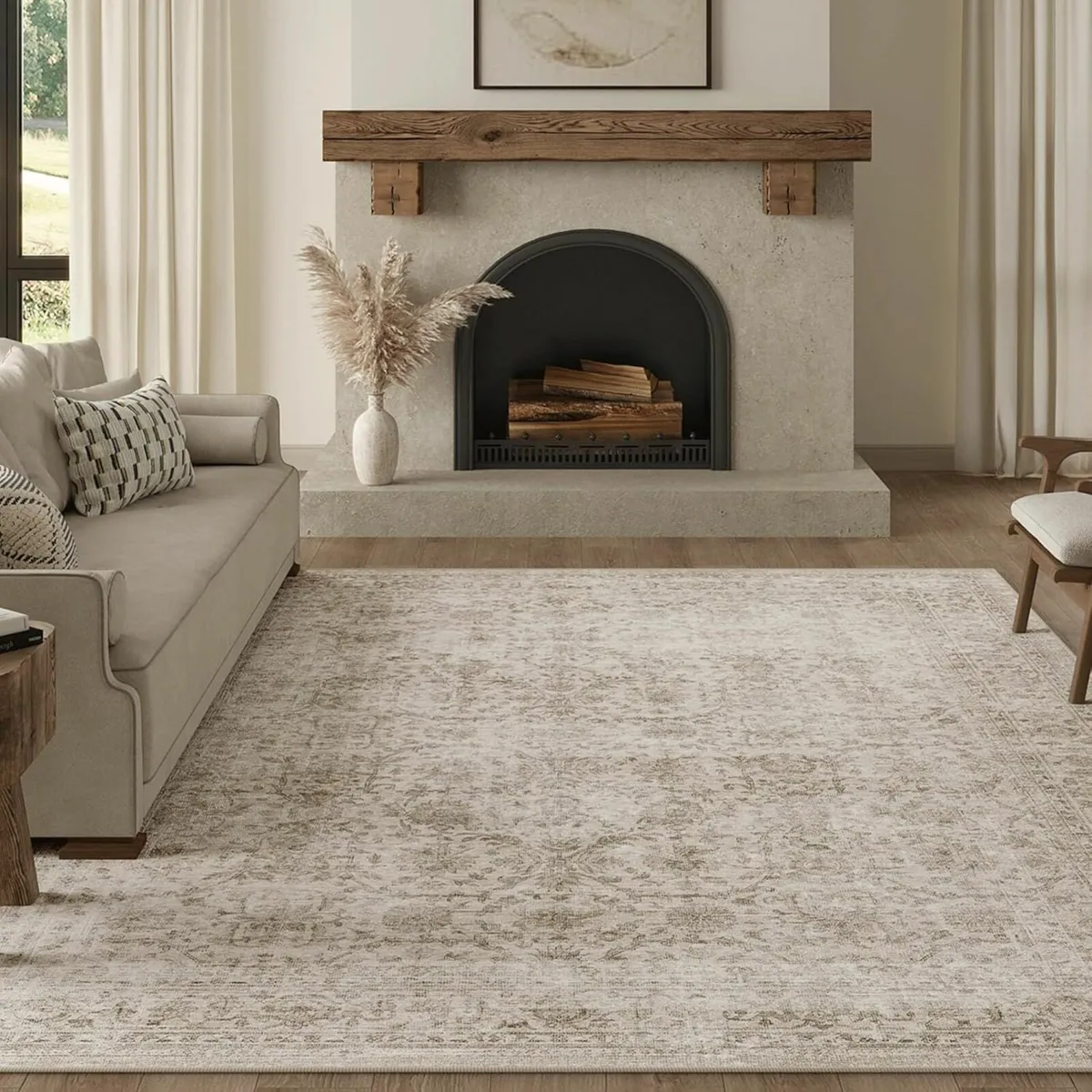 Washable Area Rug Beige Vintage Neutral Distressed - Image 1