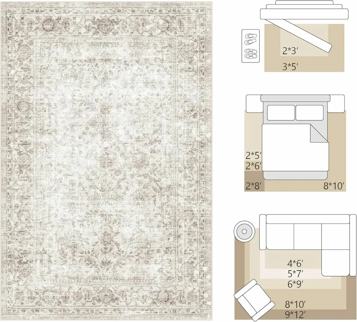 Washable Area Rug Beige Vintage Neutral Distressed - Image 2