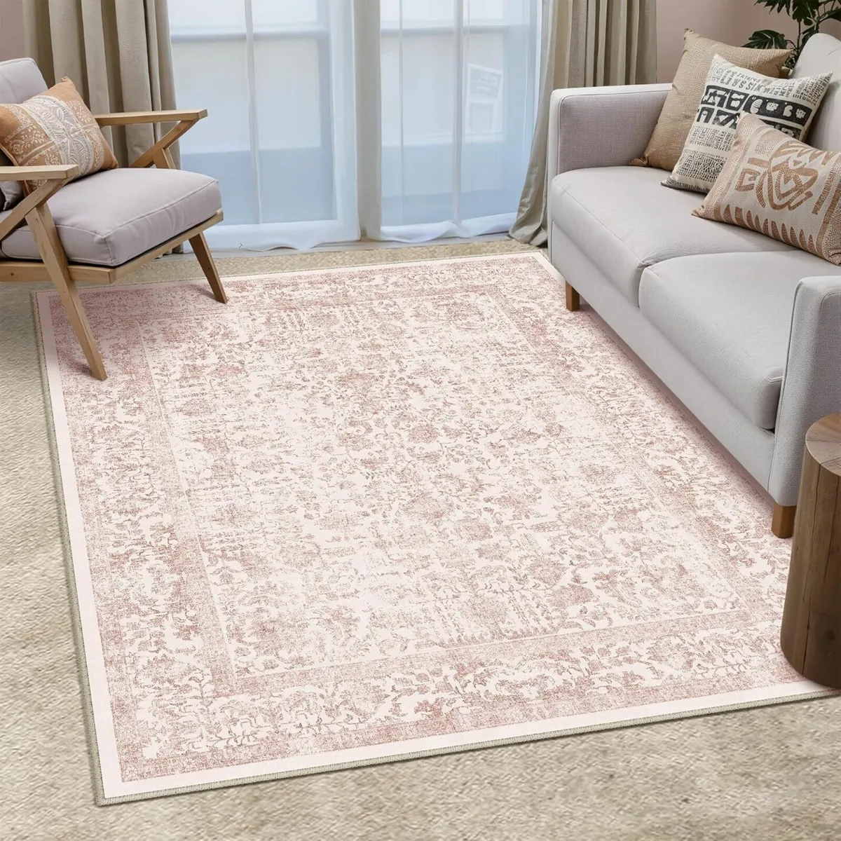 Vintage Pink Rugs Living Room Washable Non Slip - Image 1