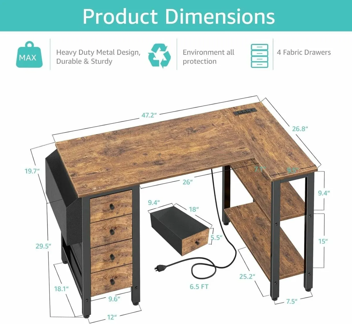 L Shaped Desk with Drawers Storage Shelves 47 - Image 3