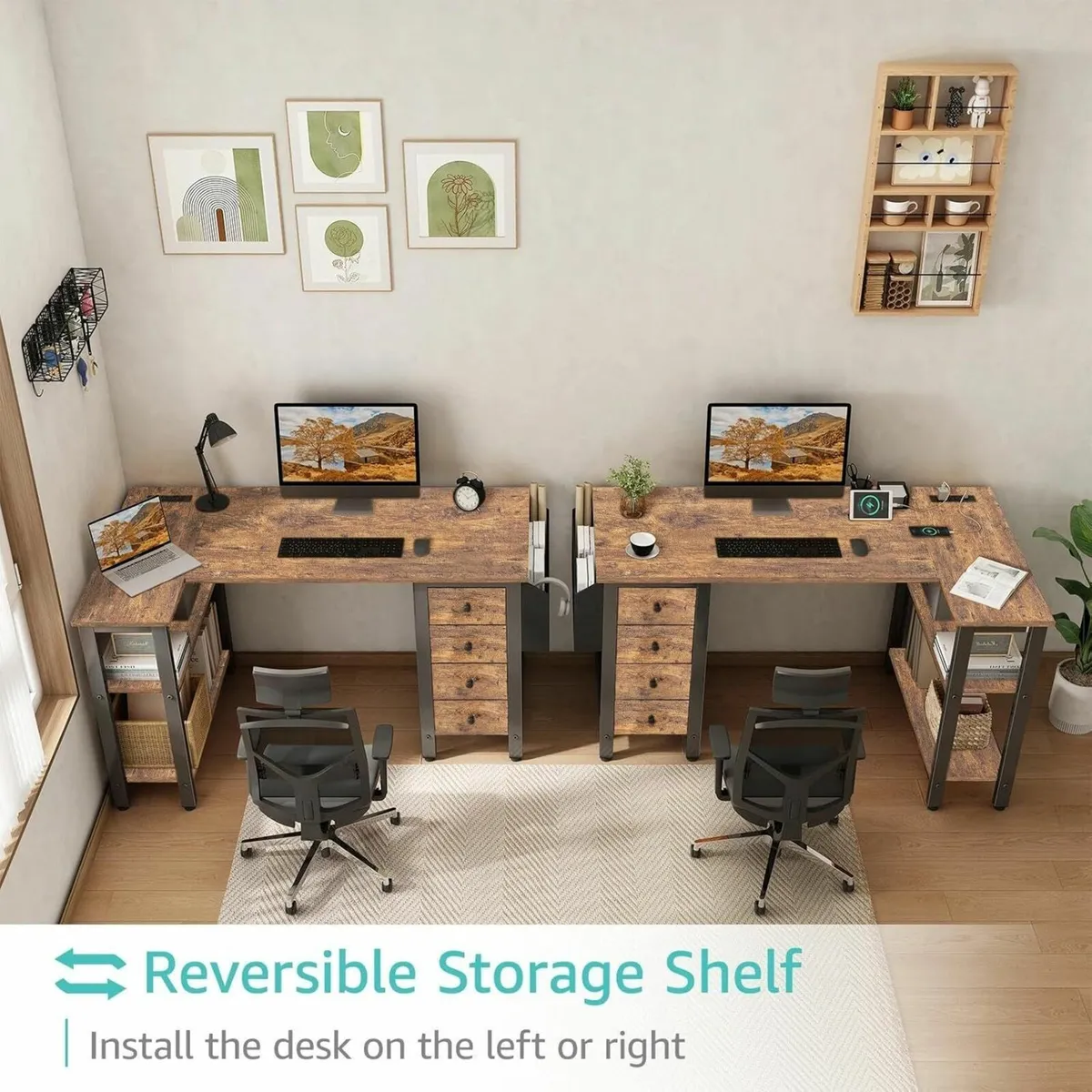 L Shaped Desk with Drawers Storage Shelves 47 - Image 4