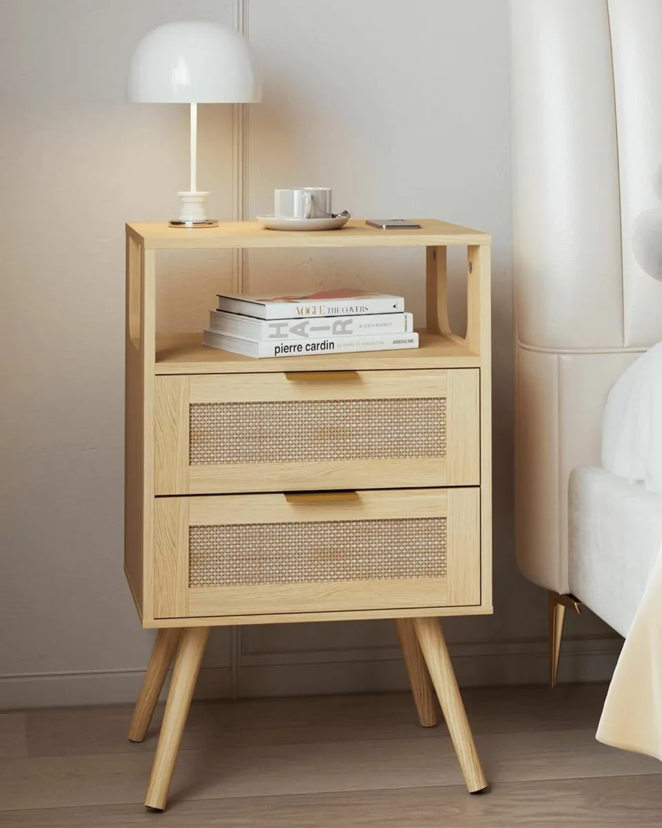 Rattan Bedside Table Farmhouse Nightstand with 2 - Image 1
