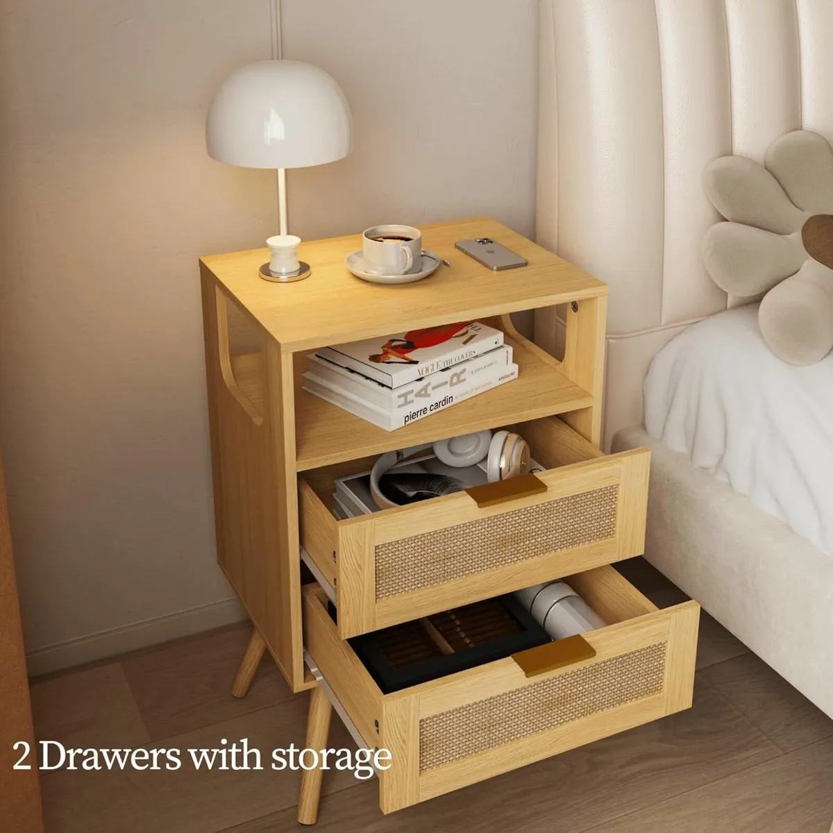 Rattan Bedside Table Farmhouse Nightstand with 2 - Image 3