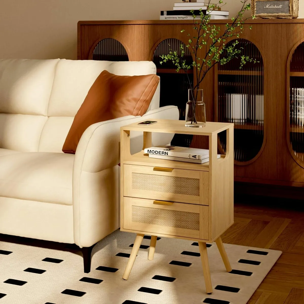 Rattan Bedside Table Farmhouse Nightstand with 2 - Image 4