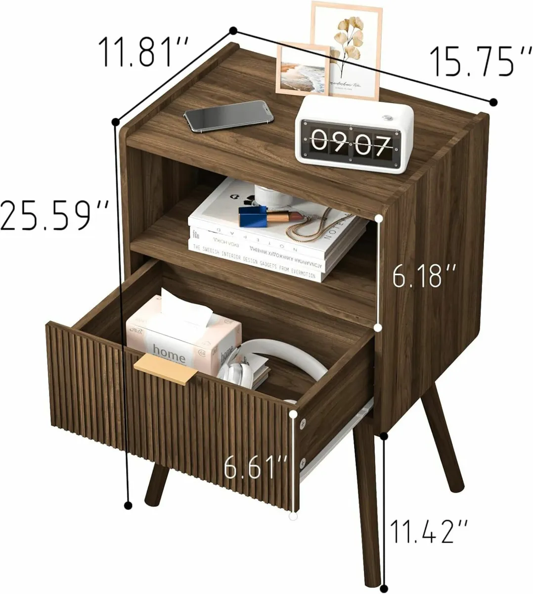 Modern Bedside Table with Storage Drawer and Open - Image 2
