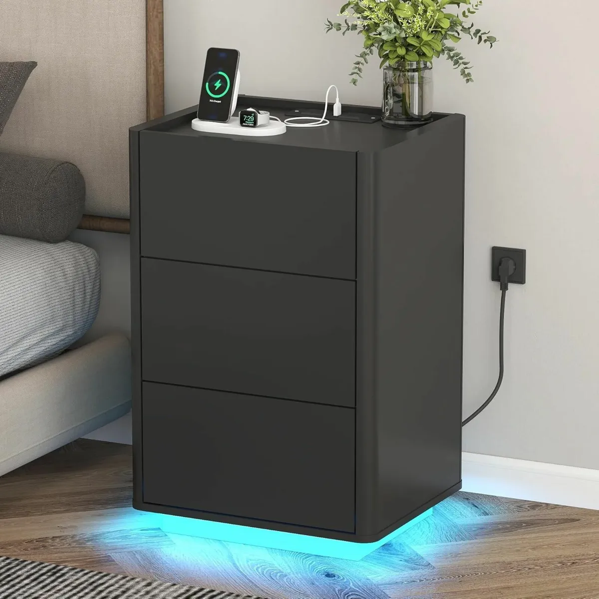 Bedside Table with LED Lights 3 Drawers Side - Image 1