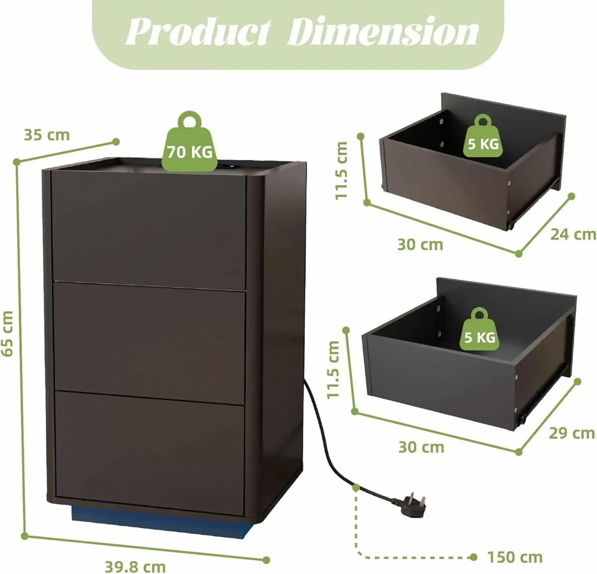 Bedside Table with LED Lights 3 Drawers Side - Image 2