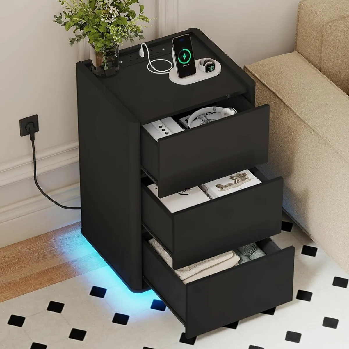 Bedside Table with LED Lights 3 Drawers Side - Image 3