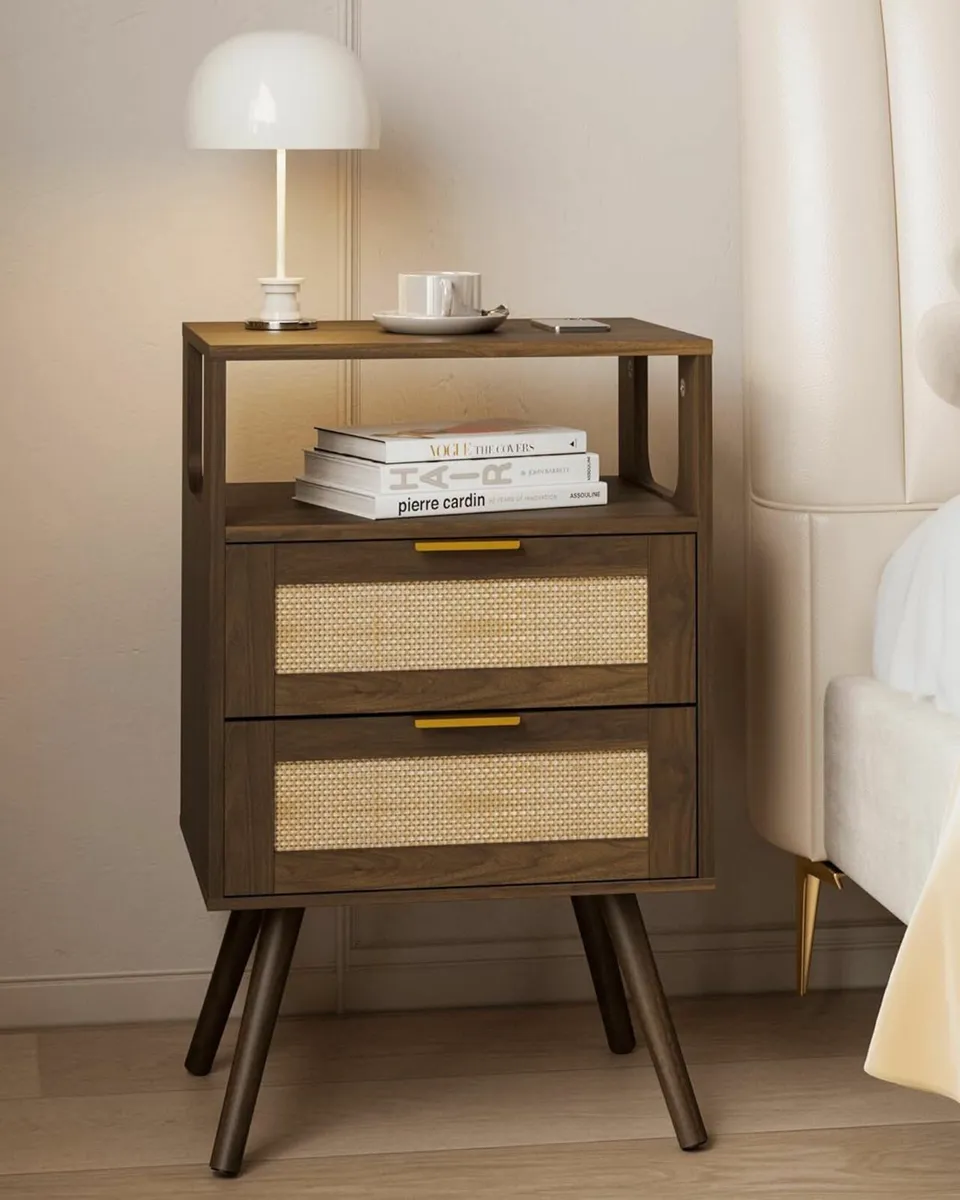 Rattan Bedside Table Farmhouse Nightstand with 2 - Image 1