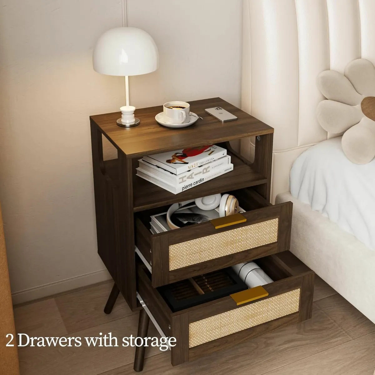 Rattan Bedside Table Farmhouse Nightstand with 2 - Image 3