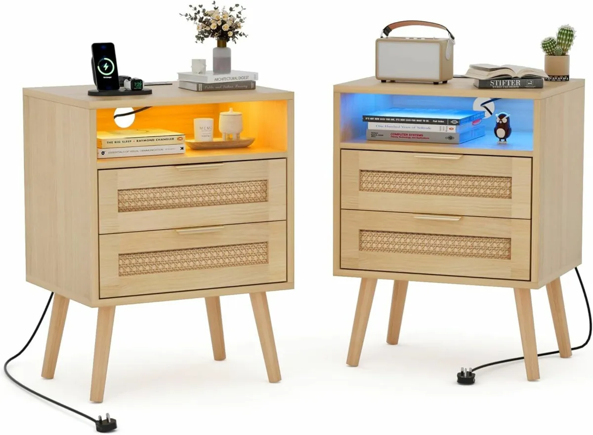 Set of 2 Bedside Table Nightstand with Charging - Image 1