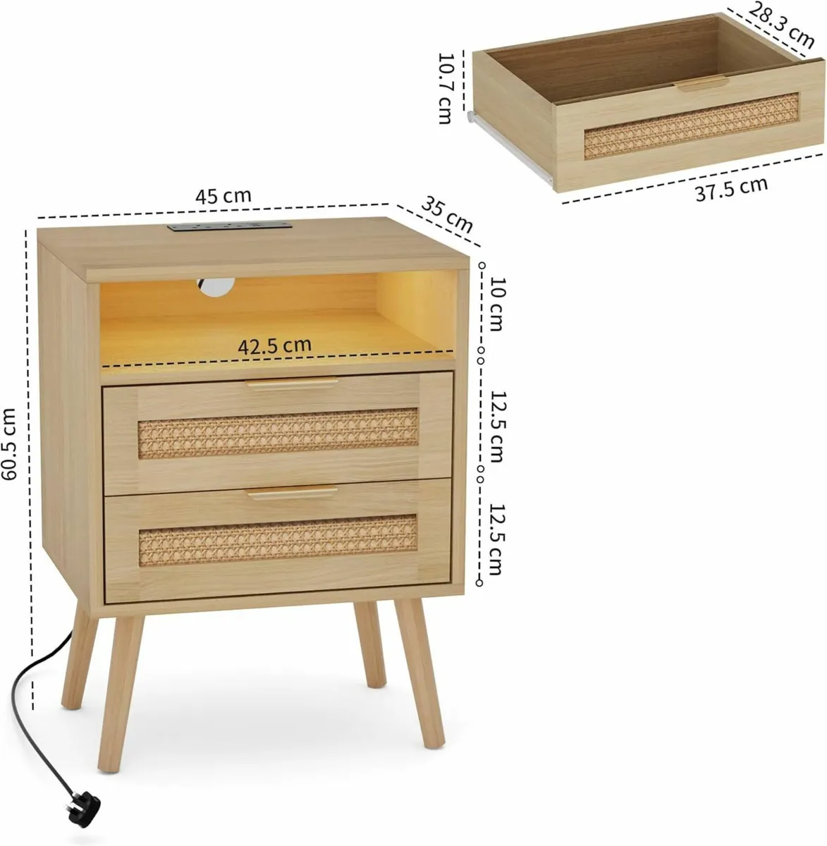 Set of 2 Bedside Table Nightstand with Charging - Image 3