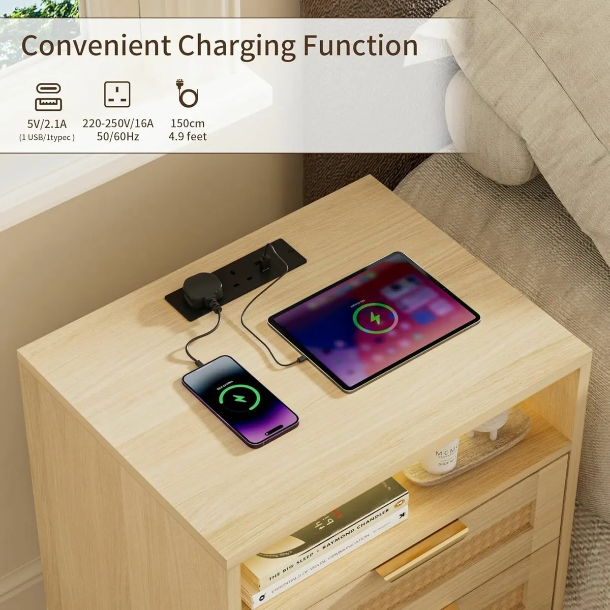 Set of 2 Bedside Table Nightstand with Charging - Image 4