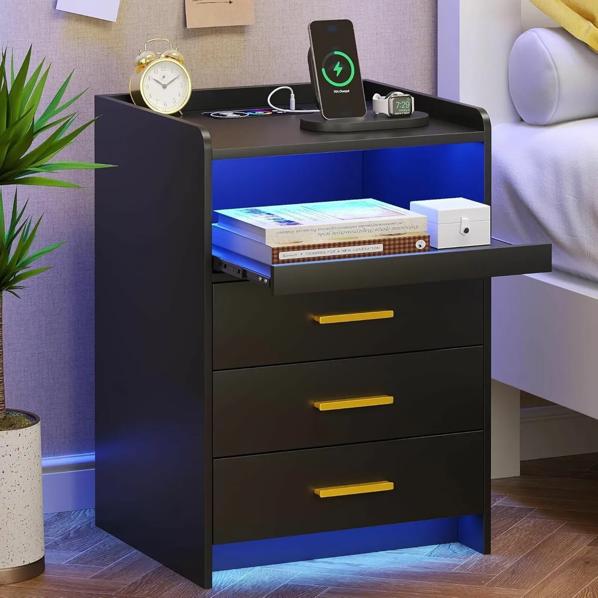 Black Bedside Table with Charging Station and Led - Image 1
