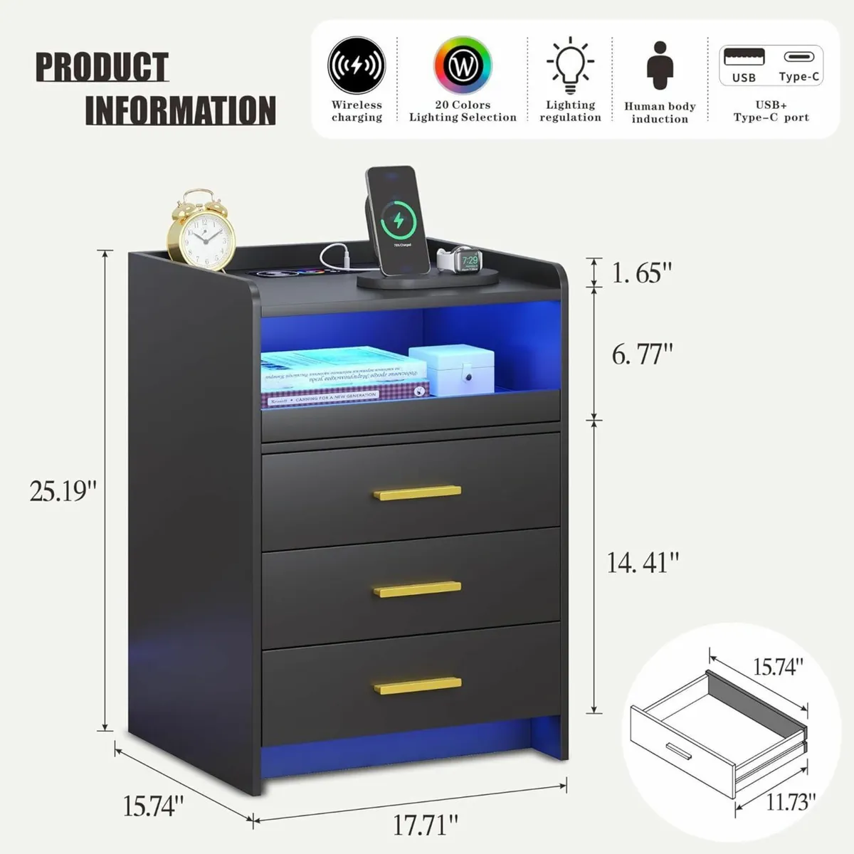 Black Bedside Table with Charging Station and Led - Image 2