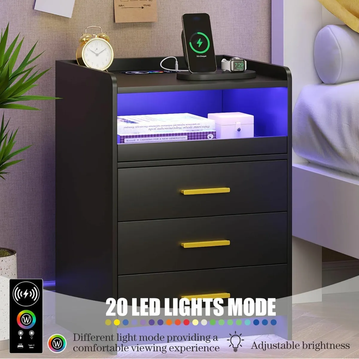 Black Bedside Table with Charging Station and Led - Image 3