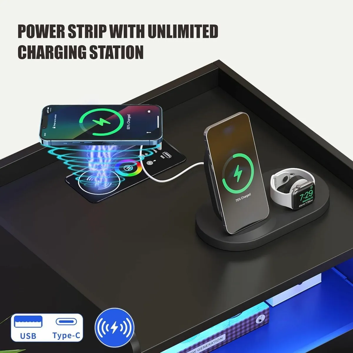 Black Bedside Table with Charging Station and Led - Image 4